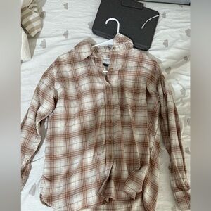 American Eagle Outfitters Cream and Brown Plaid Women's Shirt